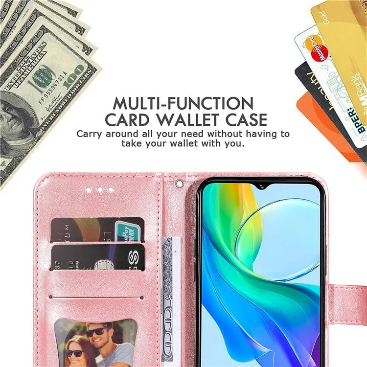 For vivo Y03 Cell Phone Cases Imprinted Flower Pattern Stand Cover with Hand Strap
