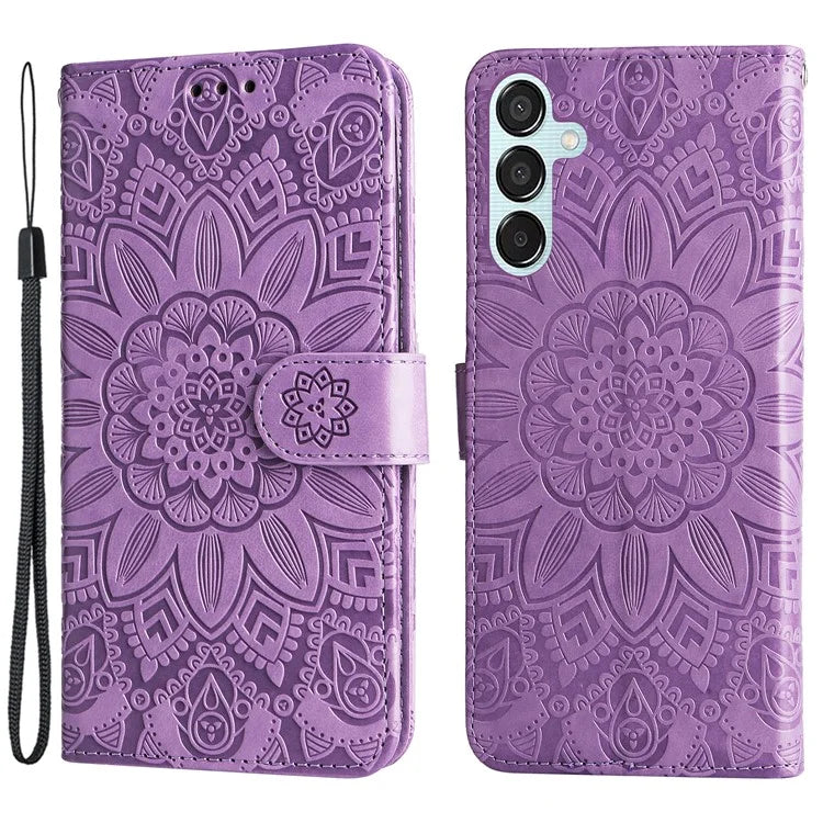 For Samsung Galaxy M15 5G / F15 5G PU Leather Phone Case Imprinted Sunflower Card Holder Stand Phone Cover