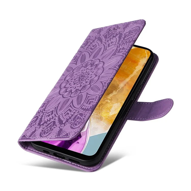 For Samsung Galaxy M15 5G / F15 5G PU Leather Phone Case Imprinted Sunflower Card Holder Stand Phone Cover