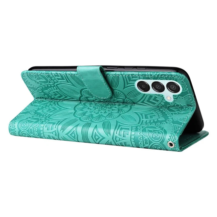 For Samsung Galaxy M15 5G / F15 5G PU Leather Phone Case Imprinted Sunflower Card Holder Stand Phone Cover