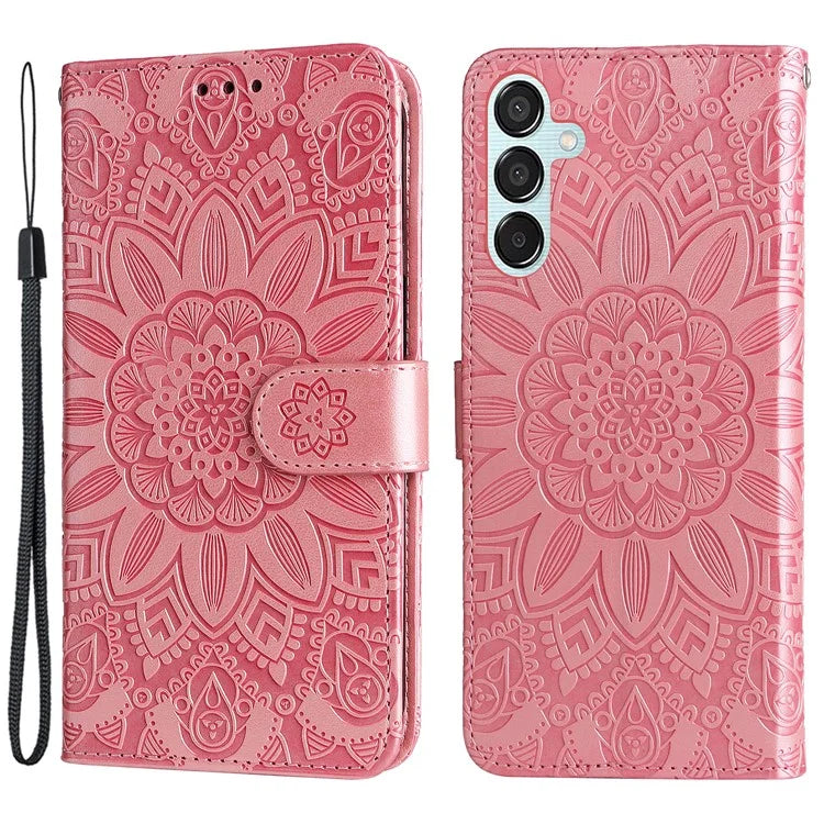 For Samsung Galaxy M15 5G / F15 5G PU Leather Phone Case Imprinted Sunflower Card Holder Stand Phone Cover