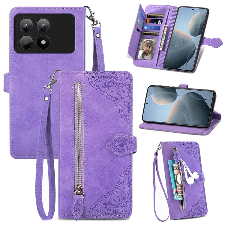 For Xiaomi Redmi K70E 5G/Poco X6 Pro 5G Leather Cover Flip Phone Case Wallet Stand Zipper Design