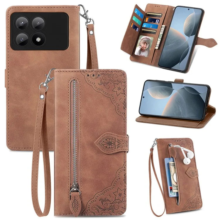 For Xiaomi Redmi K70E 5G/Poco X6 Pro 5G Leather Cover Flip Phone Case Wallet Stand Zipper Design
