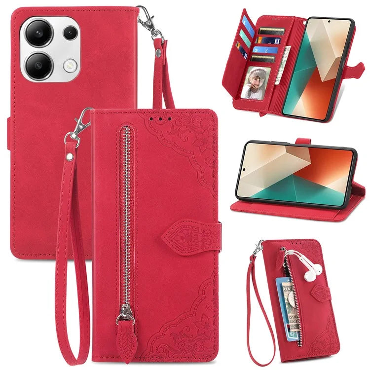 For Xiaomi Redmi Note 13 4G Case Flower Imprinted Anti-Scratch Leather Flip Phone Cover