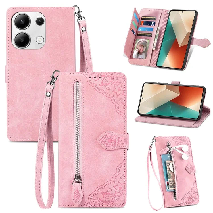 For Xiaomi Redmi Note 13 4G Case Flower Imprinted Anti-Scratch Leather Flip Phone Cover