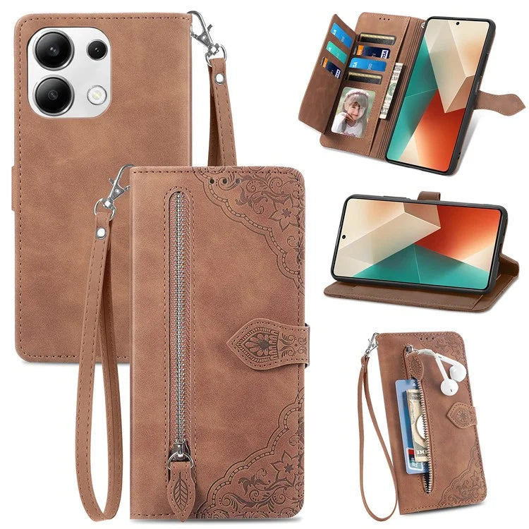 For Xiaomi Redmi Note 13 4G Case Flower Imprinted Anti-Scratch Leather Flip Phone Cover