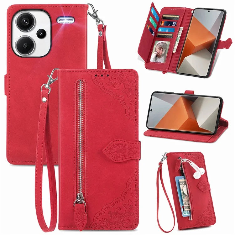 For Xiaomi Redmi Note 13 Pro+ 5G Case Flower Pattern Zipper Leather Phone Cover