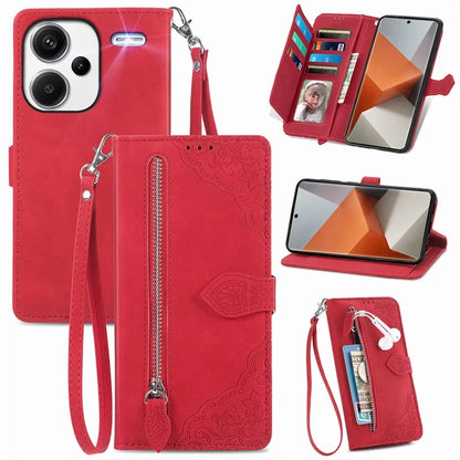 For Xiaomi Redmi Note 13 Pro+ 5G Case Flower Pattern Zipper Leather Phone Cover