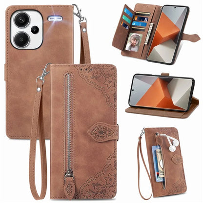 For Xiaomi Redmi Note 13 Pro+ 5G Case Flower Pattern Zipper Leather Phone Cover