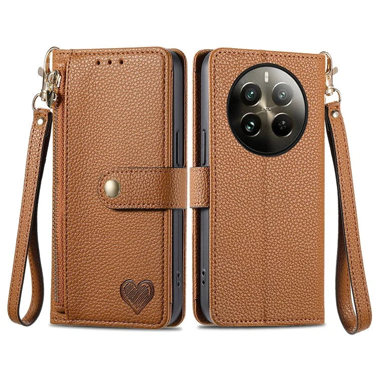 For Realme 12+ 5G Wallet Case RFID Blocking Zipper Pocket Leather Phone Shell