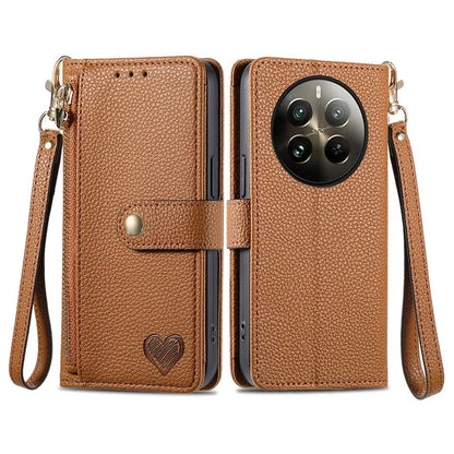 For Realme 12+ 5G Wallet Case RFID Blocking Zipper Pocket Leather Phone Shell