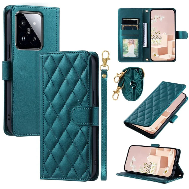 For Xiaomi 14 Case Stand View PU Leather Flip Phone Cover with Strap