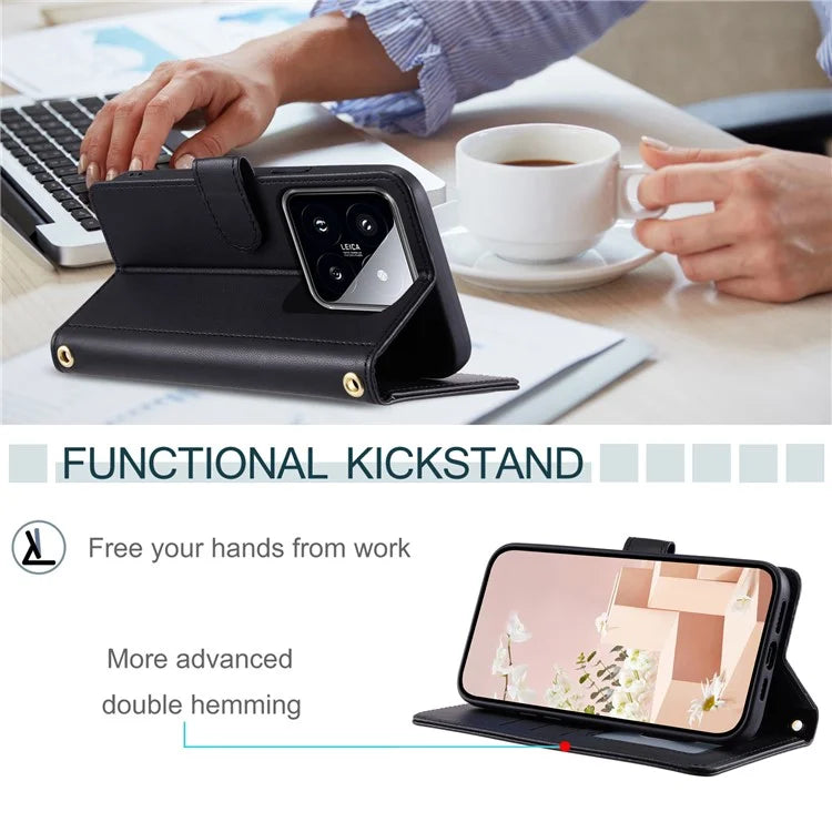 For Xiaomi 14 Case Stand View PU Leather Flip Phone Cover with Strap