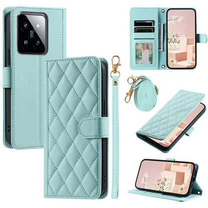 For Xiaomi 14 Pro Case Rhombus Grid Stand Phone Cover with Crossbody Lanyard