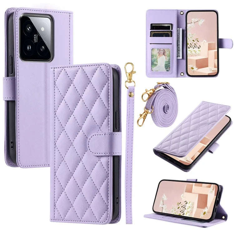 For Xiaomi 14 Pro Case Rhombus Grid Stand Phone Cover with Crossbody Lanyard