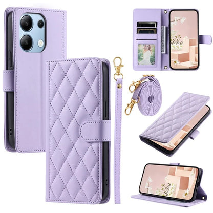 For Xiaomi Redmi Note 13 4G Case Rhombus Grid Leather Phone Cover with Shoulder Strap