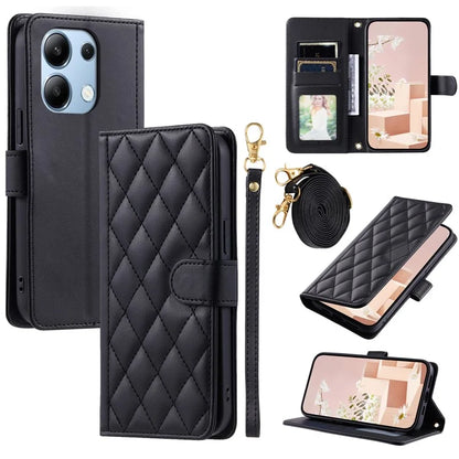 For Xiaomi Redmi Note 13 4G Case Rhombus Grid Leather Phone Cover with Shoulder Strap