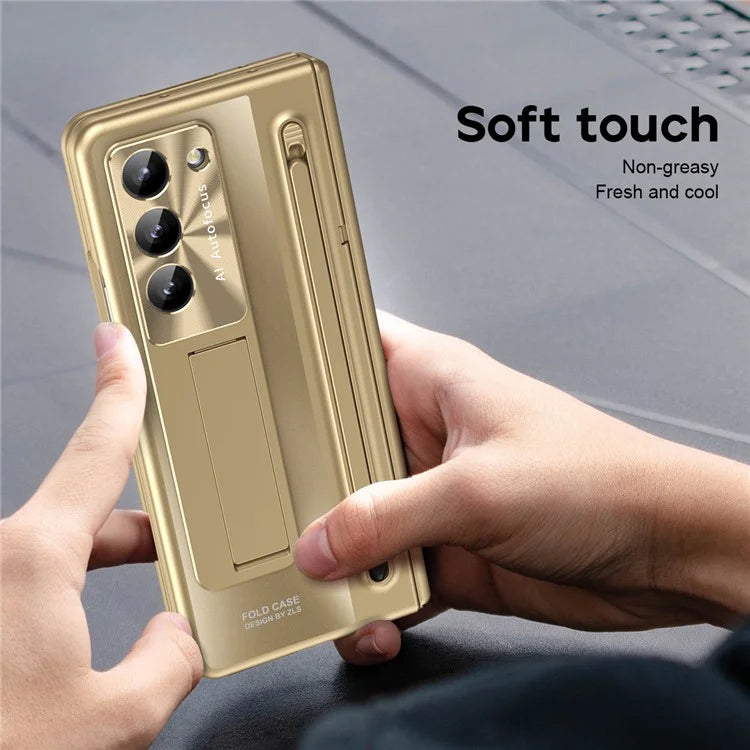 For Samsung Galaxy Z Fold6 5G Kickstand Case Hinge PC Phone Cover with Tempered Glass Film / Stylus