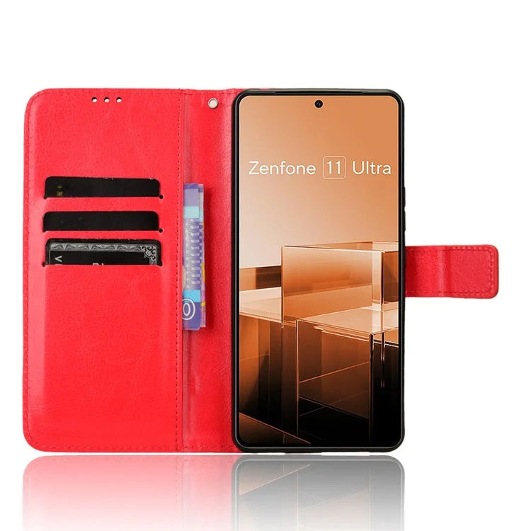 For Asus Zenfone 11 Ultra 5G Case Crazy Horse Texture Scratch-proof Phone Cover with  Folding Stand