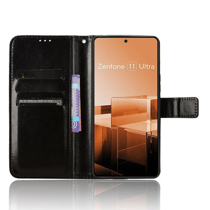 For Asus Zenfone 11 Ultra 5G Case Crazy Horse Texture Scratch-proof Phone Cover with  Folding Stand