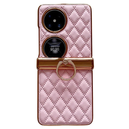 For Huawei Pocket 2 Kickstand Case Imprinted Rhombus Grid Pattern PU+PC Phone Cover