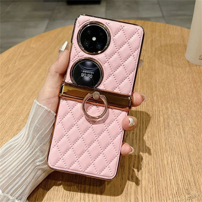 For Huawei Pocket 2 Kickstand Case Imprinted Rhombus Grid Pattern PU+PC Phone Cover