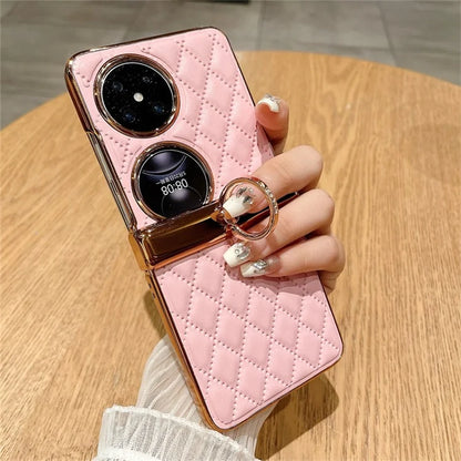 For Huawei Pocket 2 Kickstand Case Imprinted Rhombus Grid Pattern PU+PC Phone Cover