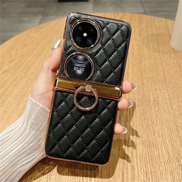 For Huawei Pocket 2 Kickstand Case Imprinted Rhombus Grid Pattern PU+PC Phone Cover