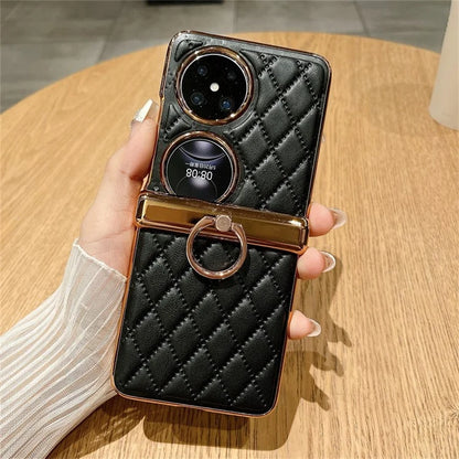 For Huawei Pocket 2 Kickstand Case Imprinted Rhombus Grid Pattern PU+PC Phone Cover