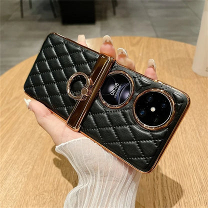 For Huawei Pocket 2 Kickstand Case Imprinted Rhombus Grid Pattern PU+PC Phone Cover