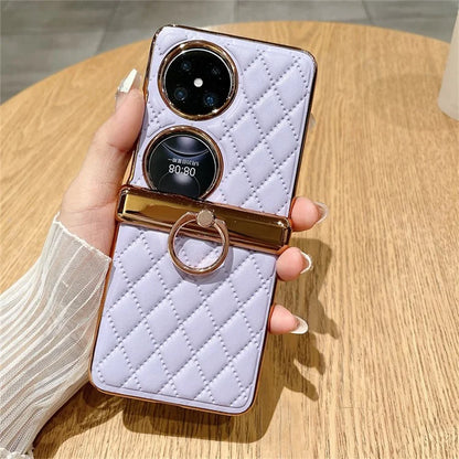 For Huawei Pocket 2 Kickstand Case Imprinted Rhombus Grid Pattern PU+PC Phone Cover