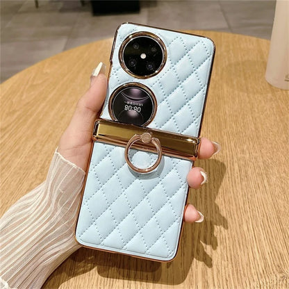 For Huawei Pocket 2 Kickstand Case Imprinted Rhombus Grid Pattern PU+PC Phone Cover
