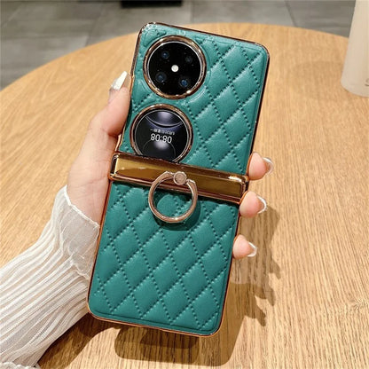 For Huawei Pocket 2 Kickstand Case Imprinted Rhombus Grid Pattern PU+PC Phone Cover