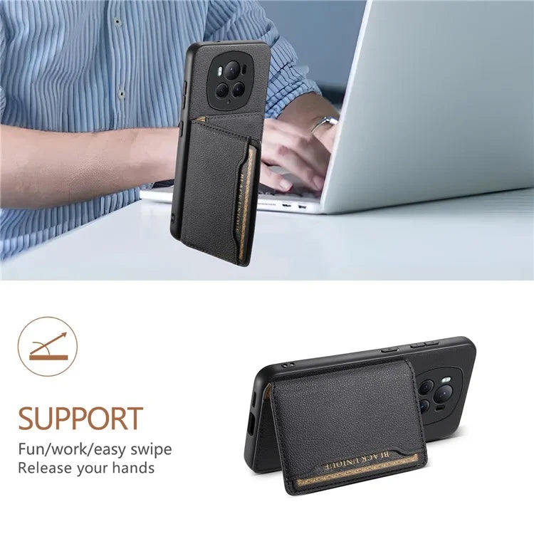 For Honor Magic6 Pro 5G Case Kickstand Drop-proof Leather Coated PC+TPU Back Phone Cover