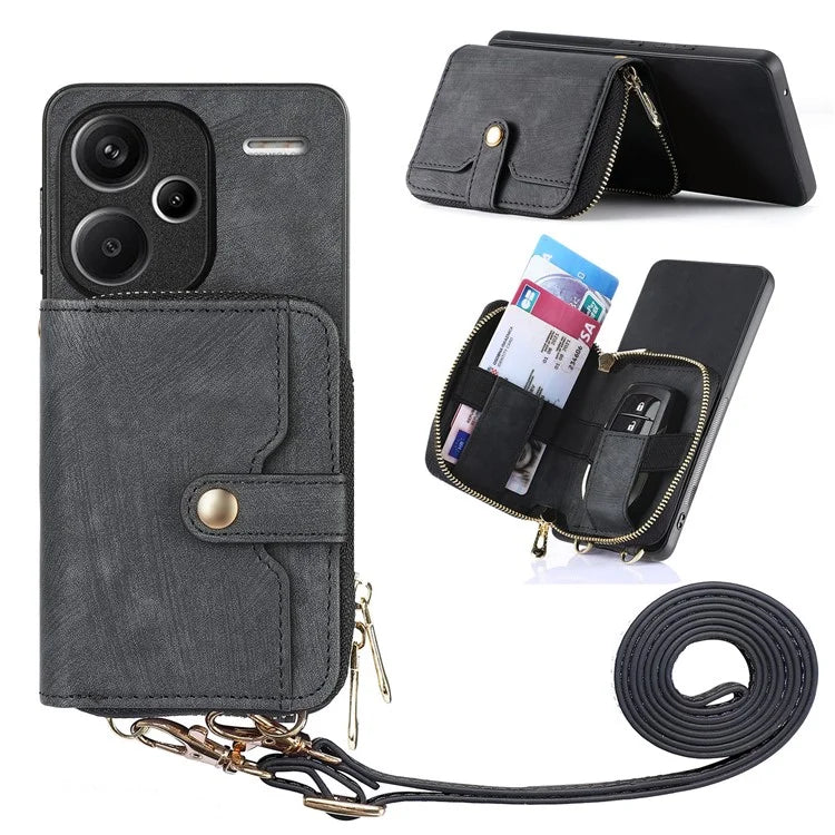 D3 For Xiaomi Redmi Note 13 Pro+ 5G Case PU+TPU+PC Zipper Wallet Cover with Strap