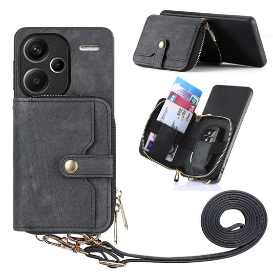 D3 For Xiaomi Redmi Note 13 Pro+ 5G Case PU+TPU+PC Zipper Wallet Cover with Strap