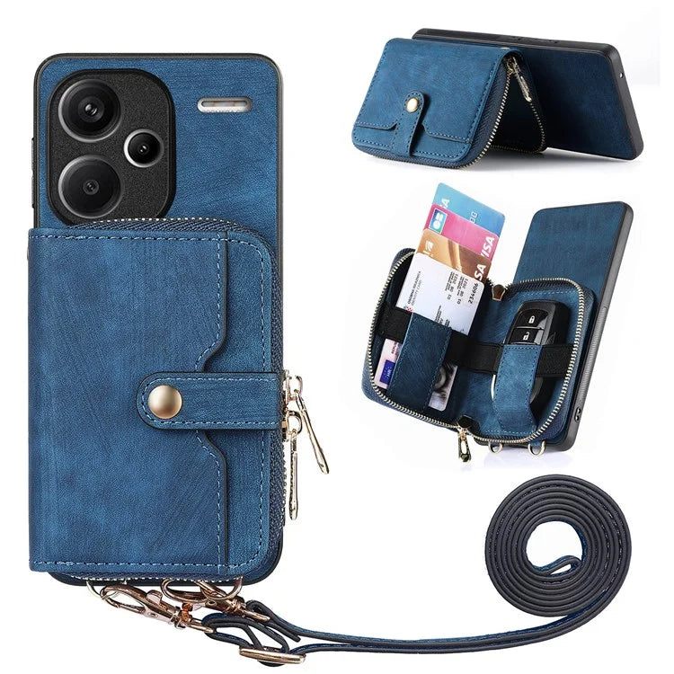 D3 For Xiaomi Redmi Note 13 Pro+ 5G Case PU+TPU+PC Zipper Wallet Cover with Strap