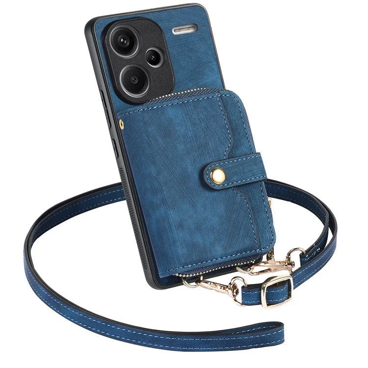 D3 For Xiaomi Redmi Note 13 Pro+ 5G Case PU+TPU+PC Zipper Wallet Cover with Strap