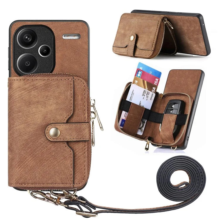 D3 For Xiaomi Redmi Note 13 Pro+ 5G Case PU+TPU+PC Zipper Wallet Cover with Strap
