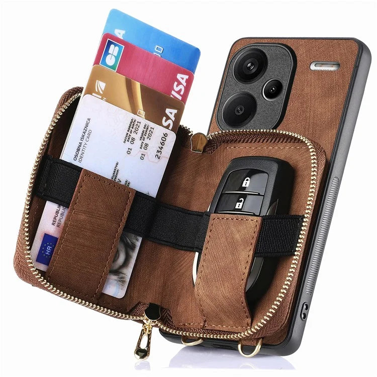 D3 For Xiaomi Redmi Note 13 Pro+ 5G Case PU+TPU+PC Zipper Wallet Cover with Strap