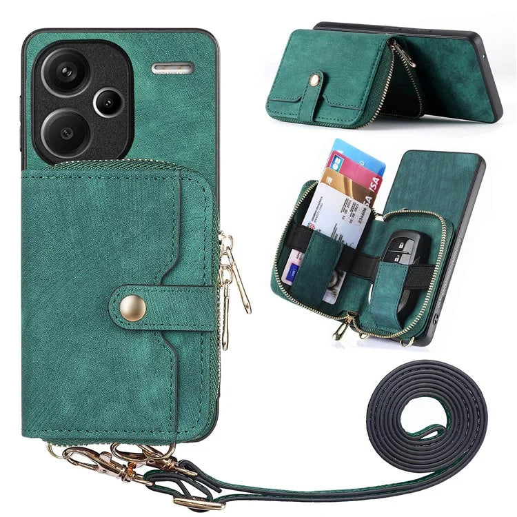 D3 For Xiaomi Redmi Note 13 Pro+ 5G Case PU+TPU+PC Zipper Wallet Cover with Strap