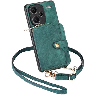 D3 For Xiaomi Redmi Note 13 Pro+ 5G Case PU+TPU+PC Zipper Wallet Cover with Strap