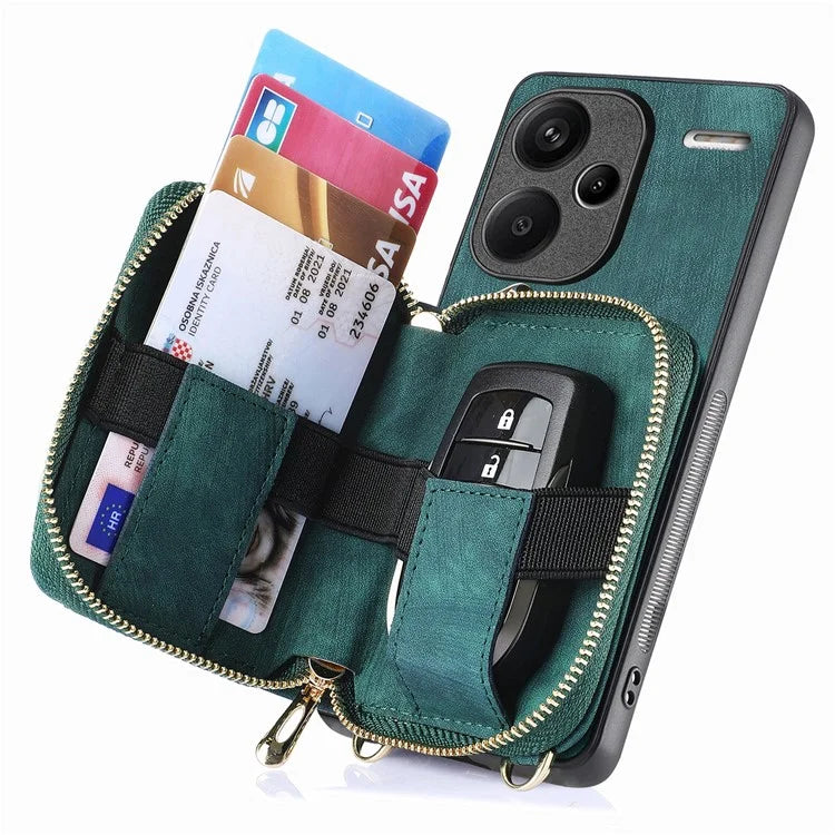 D3 For Xiaomi Redmi Note 13 Pro+ 5G Case PU+TPU+PC Zipper Wallet Cover with Strap