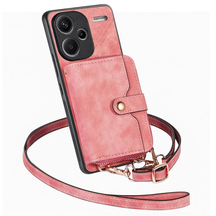 D3 For Xiaomi Redmi Note 13 Pro+ 5G Case PU+TPU+PC Zipper Wallet Cover with Strap