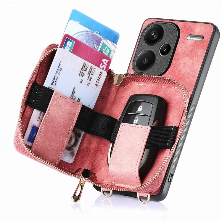 D3 For Xiaomi Redmi Note 13 Pro+ 5G Case PU+TPU+PC Zipper Wallet Cover with Strap