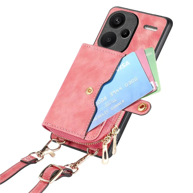D3 For Xiaomi Redmi Note 13 Pro+ 5G Case PU+TPU+PC Zipper Wallet Cover with Strap