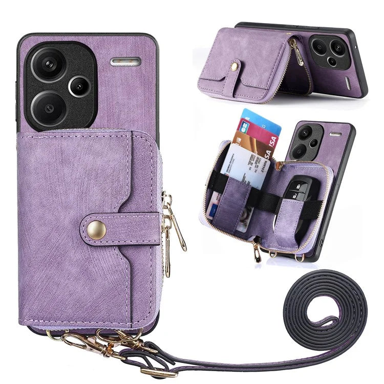 D3 For Xiaomi Redmi Note 13 Pro+ 5G Case PU+TPU+PC Zipper Wallet Cover with Strap