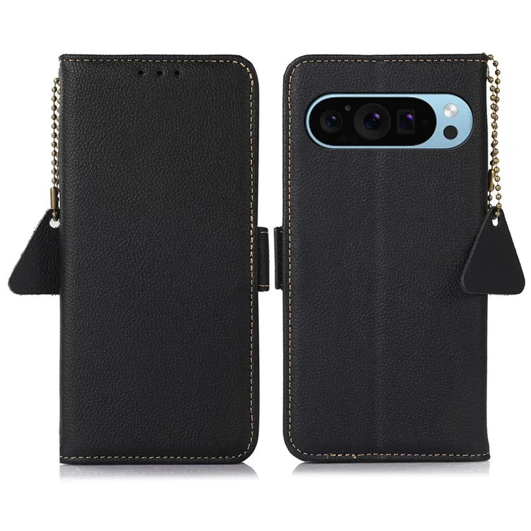 TJ For Google Pixel 9 / Pixel 9 Pro Case RFID Blocking Genuine Cow Leather Flip Phone Cover