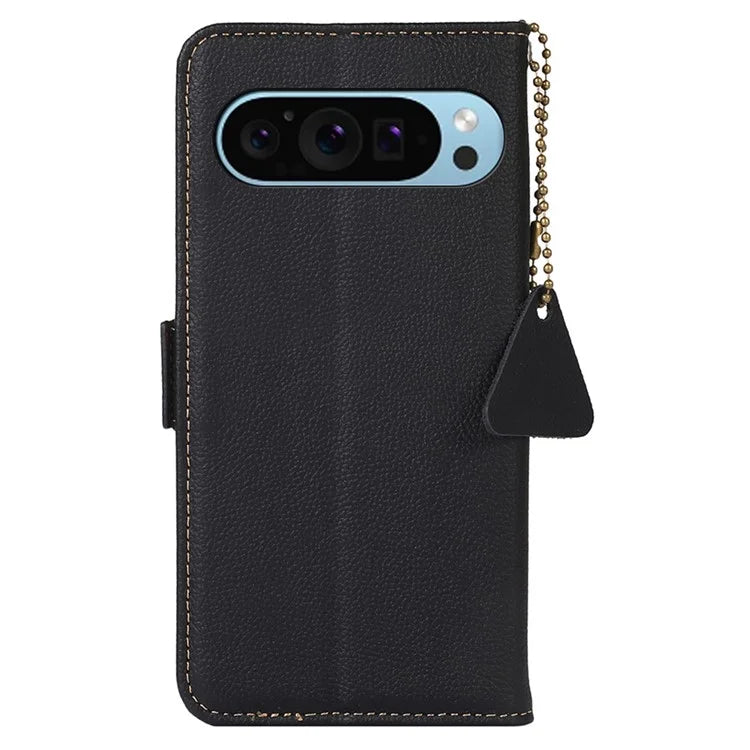 TJ For Google Pixel 9 / Pixel 9 Pro Case RFID Blocking Genuine Cow Leather Flip Phone Cover