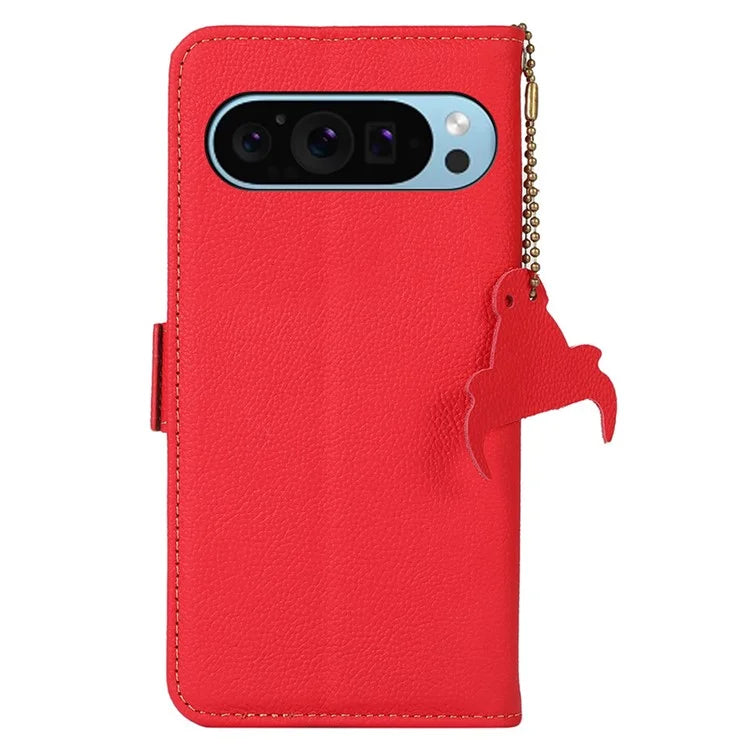 TJ For Google Pixel 9 / Pixel 9 Pro Case RFID Blocking Genuine Cow Leather Flip Phone Cover